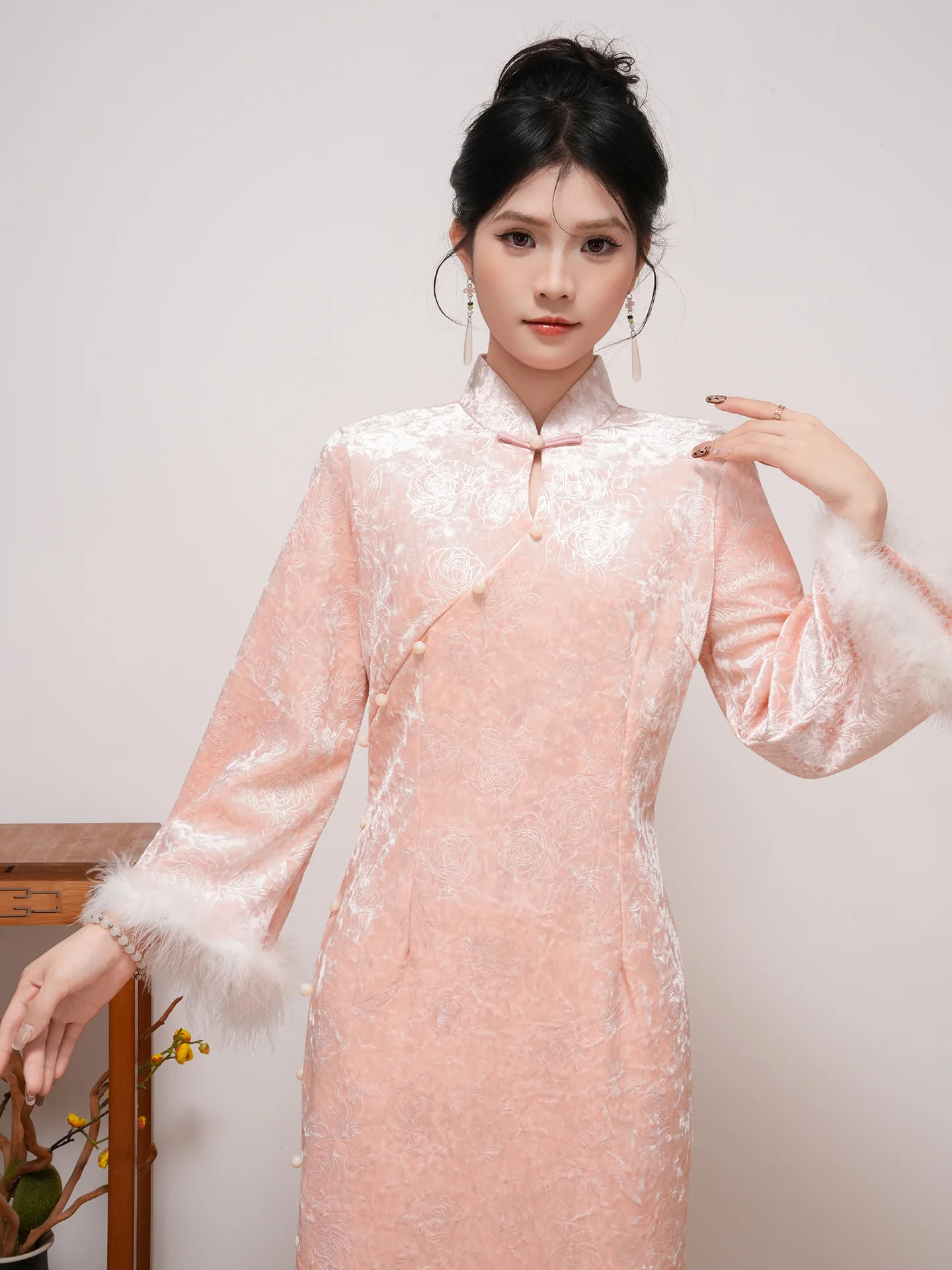 

2025 New Velvet Pink Chinese Sle Long Dr Women's Fce Lined Thiened Improved Vintage Daily Wear Warmth