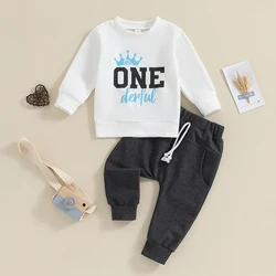 Toddler Boy 2-Piece Birthday Suit Long Sleeve Crown Print Sweatshirt Pants Set Infant Clothing for Party