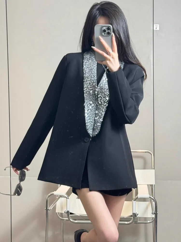 Veste noire à paillettes brillantes pour femmes, col à paillettes, bouton unique, coupe couvertes, mode décontractée, blazers élégants pour dames de bureau, manteau de fête