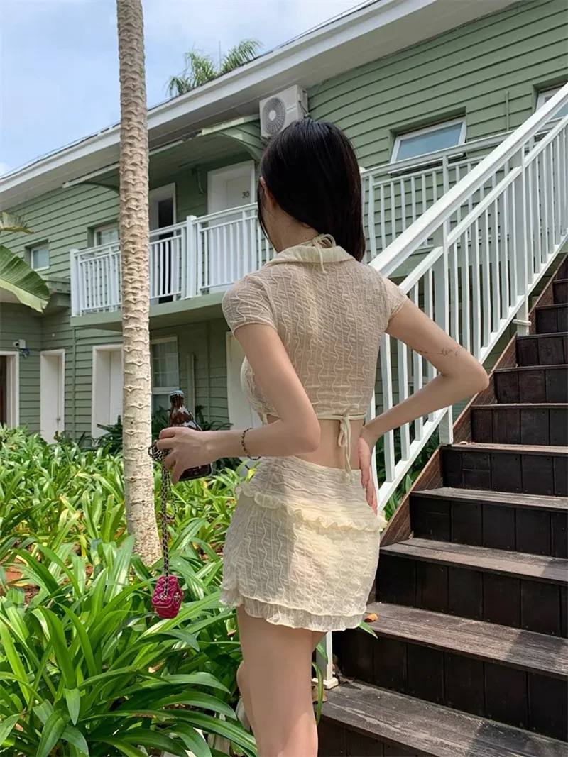 Falda cubierta de manga corta, Bikinis con cuello Halter, traje de baño femenino, traje de baño para mujer, conjunto de Bikini de 3 piezas, bañador, traje de baño