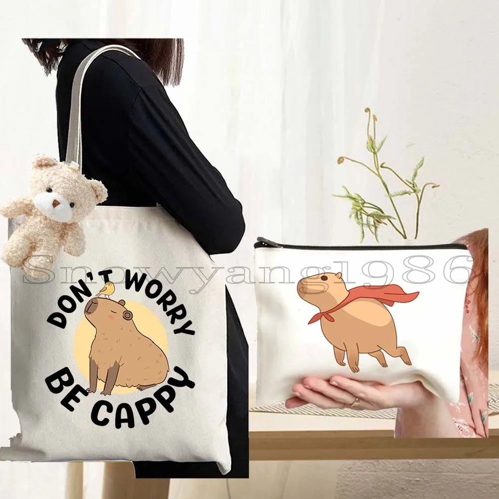 

3PCS Cartoon Capybara Shoulder Tote Bag Animal Capybara with Daisy Flowers Canvas Bags Storage Shopper Be Cappy Cotton Handbag