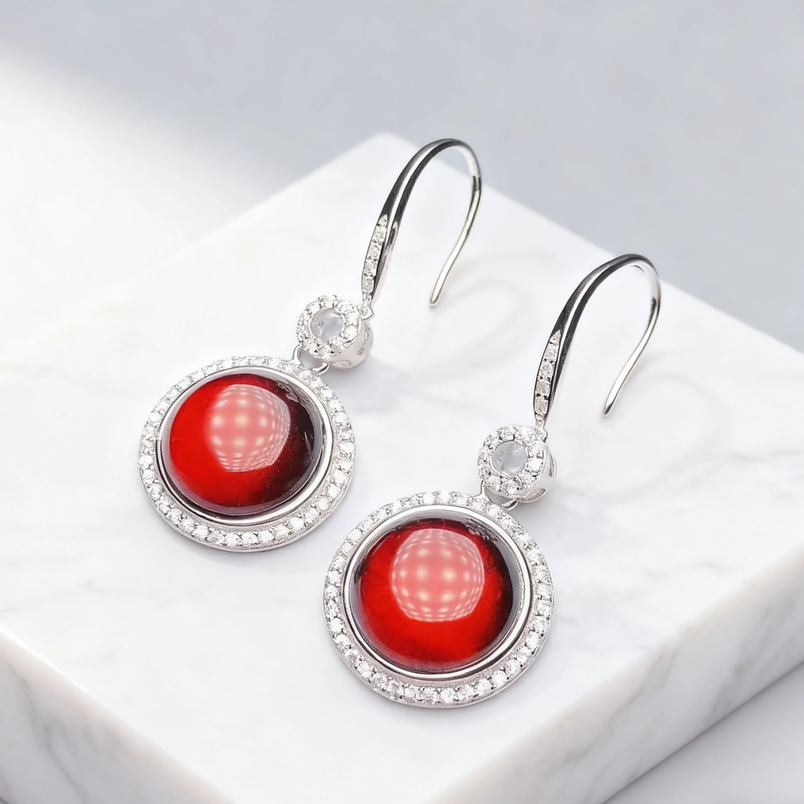 

Women's Blood Amber Earrings 5.3mm Sterling Silver Red Black Floral Edge Inlaid Gift for Her Valentine Love Romance Jewelry