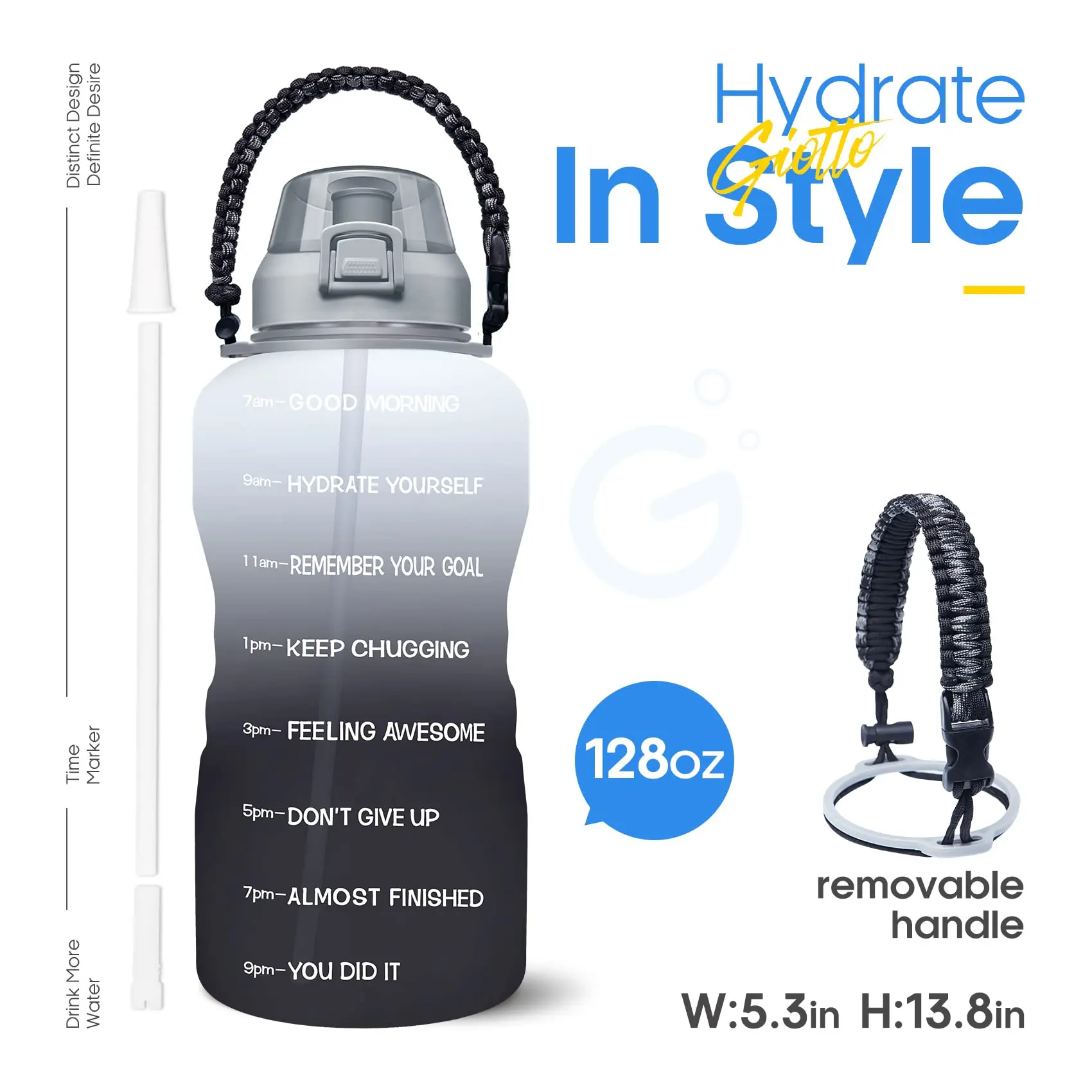 Large 1 Gallon Motivational Water Bottle with Paracord Handle & Removable Straw - Leakproof Tritan BPA Free Fitness Sports Water