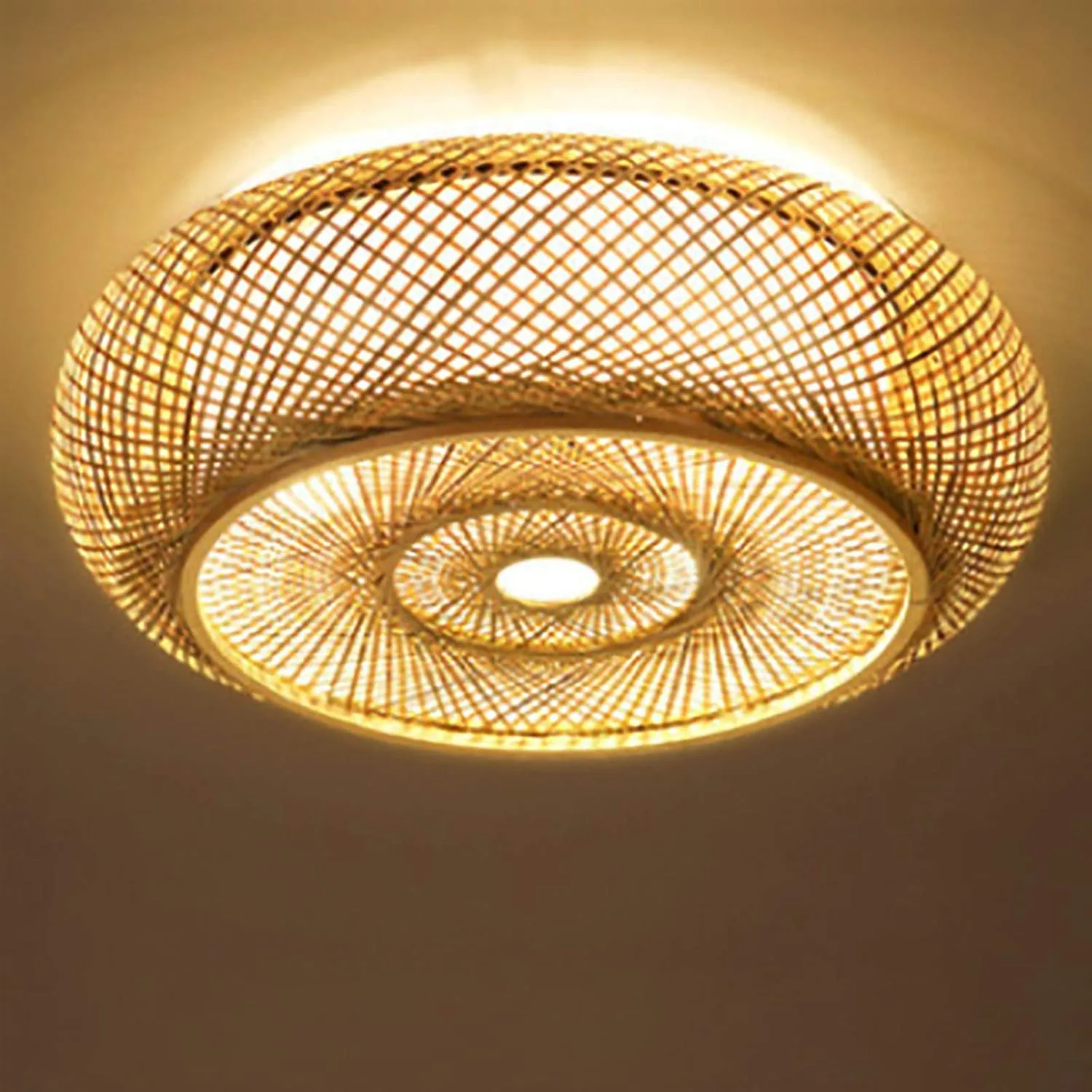 

20-Inch Flush Mount Ceiling Light Fixture Boho Rattan Ceiling Light Fixture, Hand-Woven Shade Bamboo Woven Wicker Light Fixture Drum