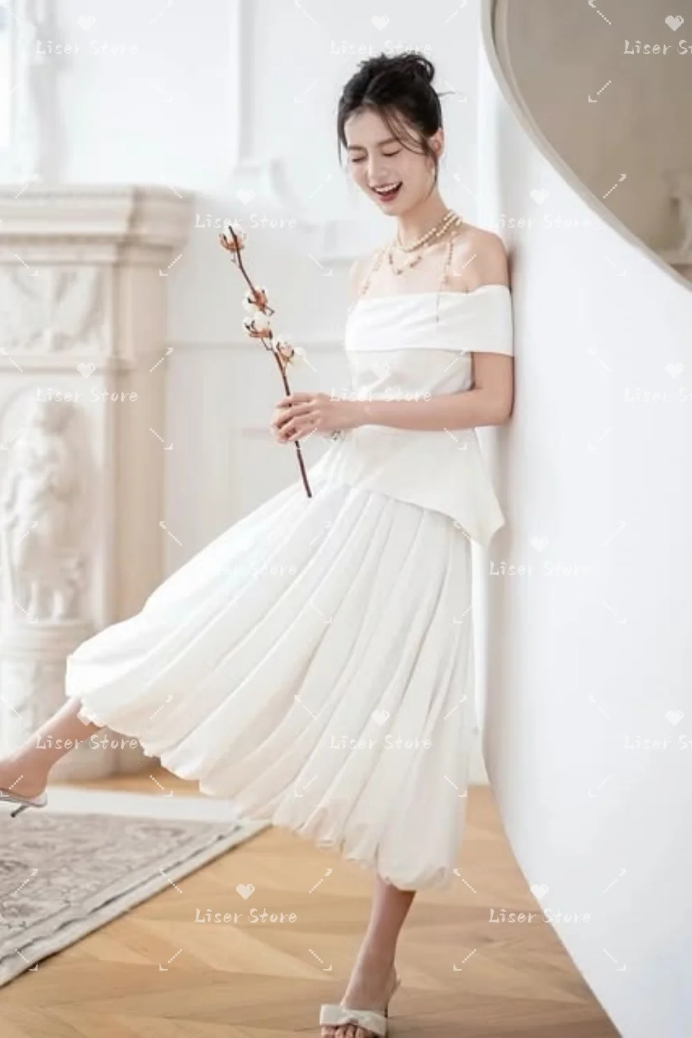 Liser Ivory Satin Wedding Dresses Elegant Off Shoulder Bride ankles length dress Photo shoot Korean Princess Dress Customized