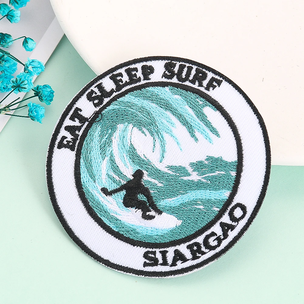 5pc 7cm Round Embroidery Badge Seaside Surf Dusk Coconut Tree Iron on Patch for Clothes Applique Armband Embellishment Accessory