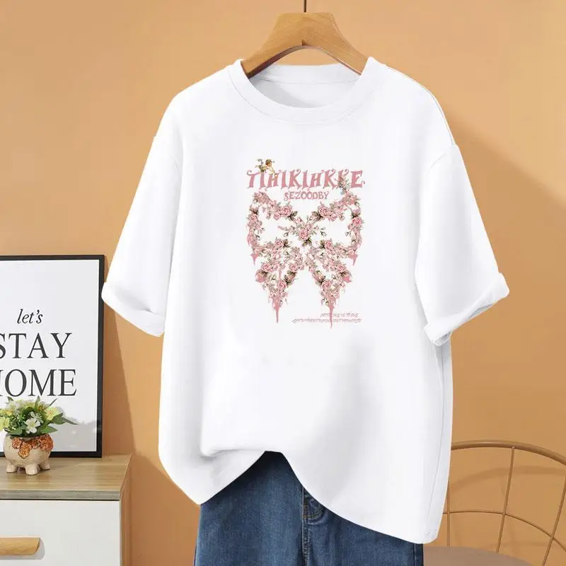 T-shirt estiva a maniche corte stampata in cartone animato, t-shirt Basic con fiocco Vintage 100% cotone, abbigliamento donna pullover larghi casuali