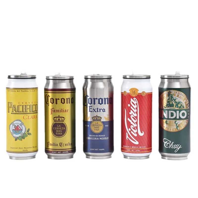 500ml Thermos Stainless Steel Cup Creative Beer Can Insulated Cup Vacuum Cups with Straw Cold Keeper Cola Cans Insulated Bottle