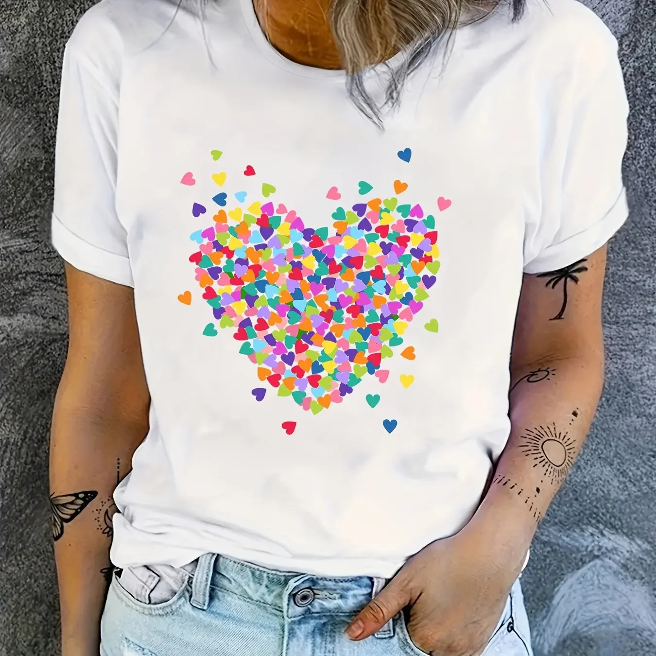 Women's T-shirt Heart-shaped Pattern Printing Summer Clothing Round Neck Short Sleeve Summer Sleeved Harajuku Streetwear Tops