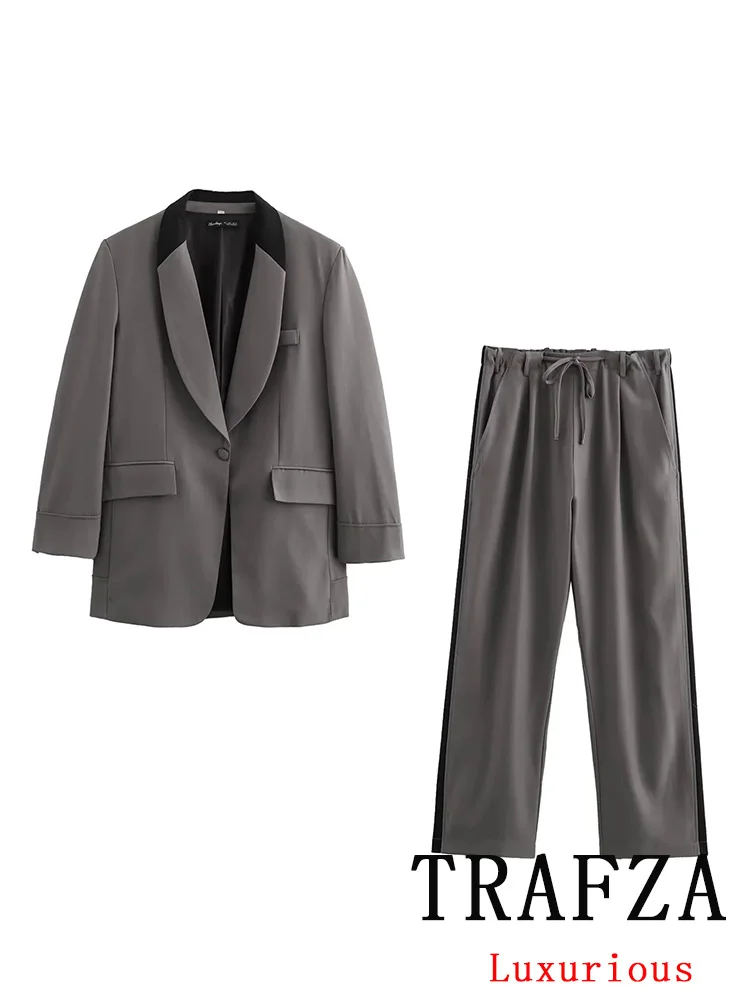 

TRAFZA Vintage Chic Office Lady Patchwork Suit Single Breasted Blazer Straight Loose Pants New Fashion 2024 Autumn Winter Sets