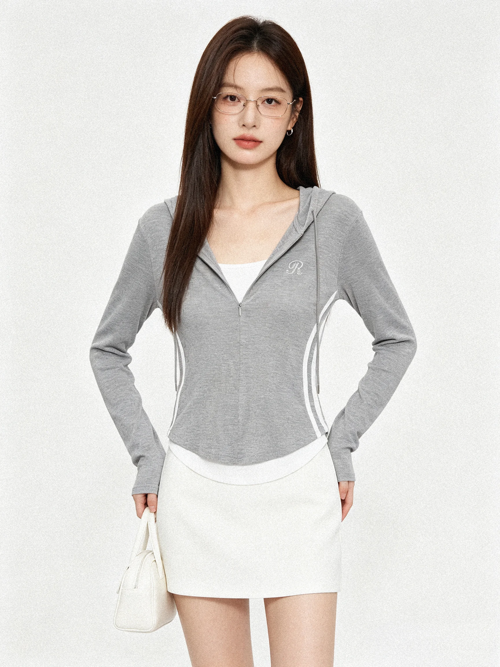 Fall Skin-friendly Korean Style Glue Two-piece Hooded Rhinestone Long Sleeve T-shirt Color Block Versatile Trendy Anti-aging Top