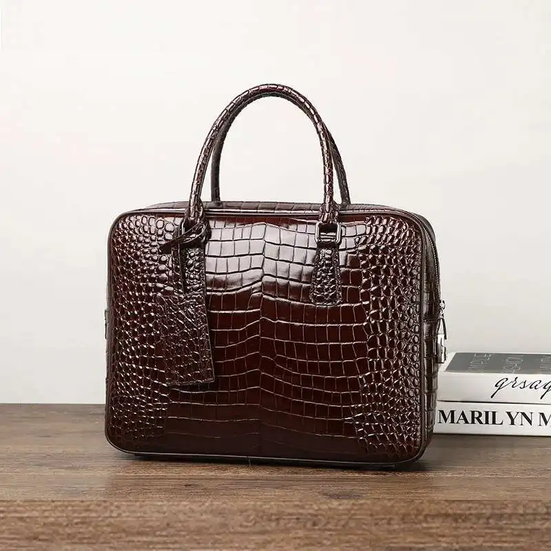 Sac messager en cuir véritable motif crocodile pour ordinateur portable, étuis à bombes, étui à bombes d'affaires, grande capacité, cuir de vachette pour homme, ordinateur