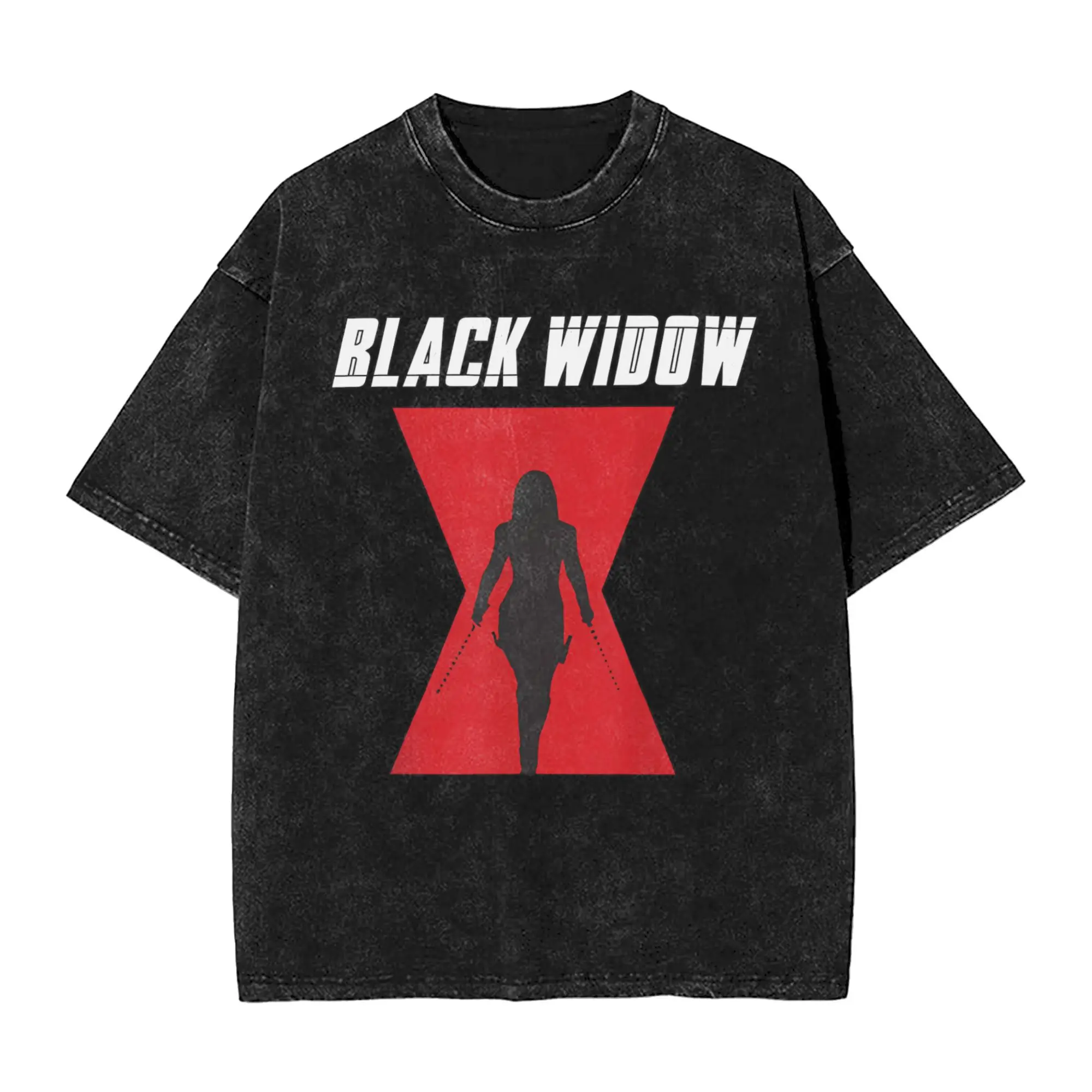 Black Widow Logo Men's T Shirts Washed  Vintage Tees Short Sleeve Round Neck T-Shirts Cotton Original Clothing