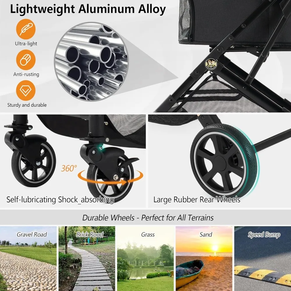 Kereta Dorong Anjing untuk Anjing Sedang Hingga 55lbs, Rangka Aluminium Ringan, Lipat Satu Klik, untuk Kucing Besar
