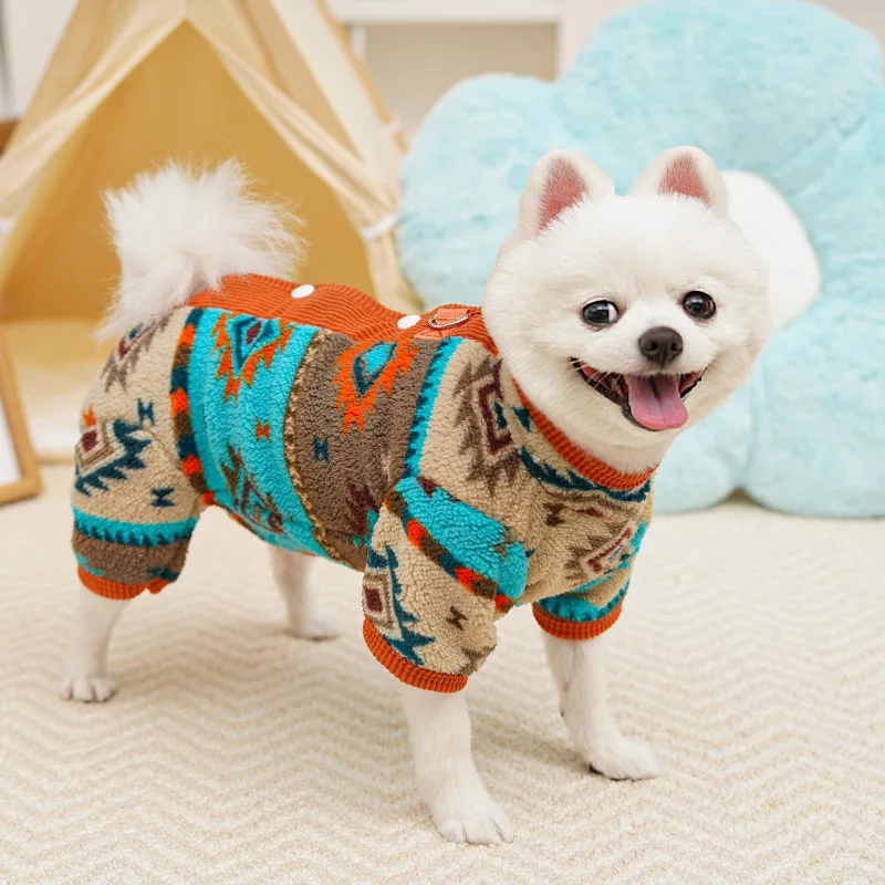 Dog Winter Clothes Warm Fleece Four-Legged Belly Cover Jumpsuits for Small Dogs Cats Ethnic Fair Isle Bichon Pajamas Pet Apparel