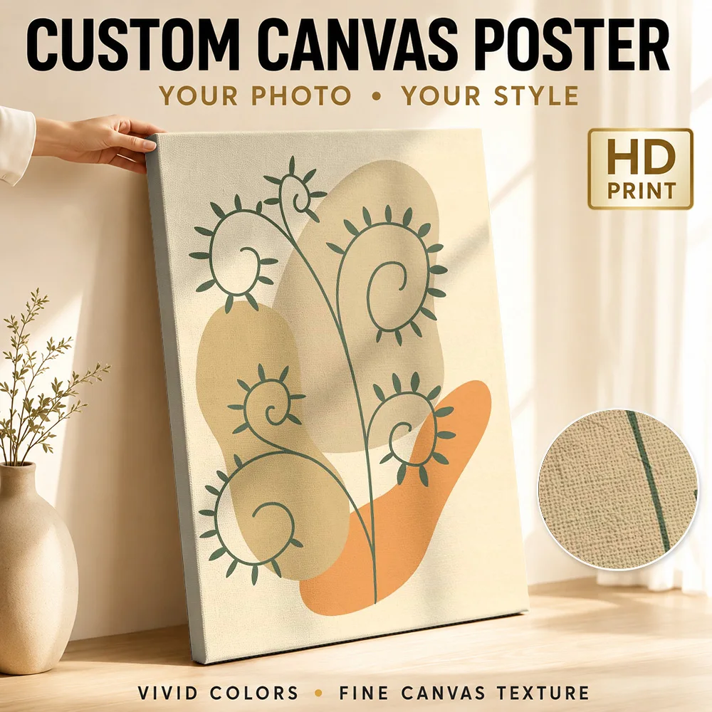 Spiral Botanical Stems With Neutral Shapes Framed Canvas Print Personalized Photo Illustrated Wall Art For Quiet Sitting Room