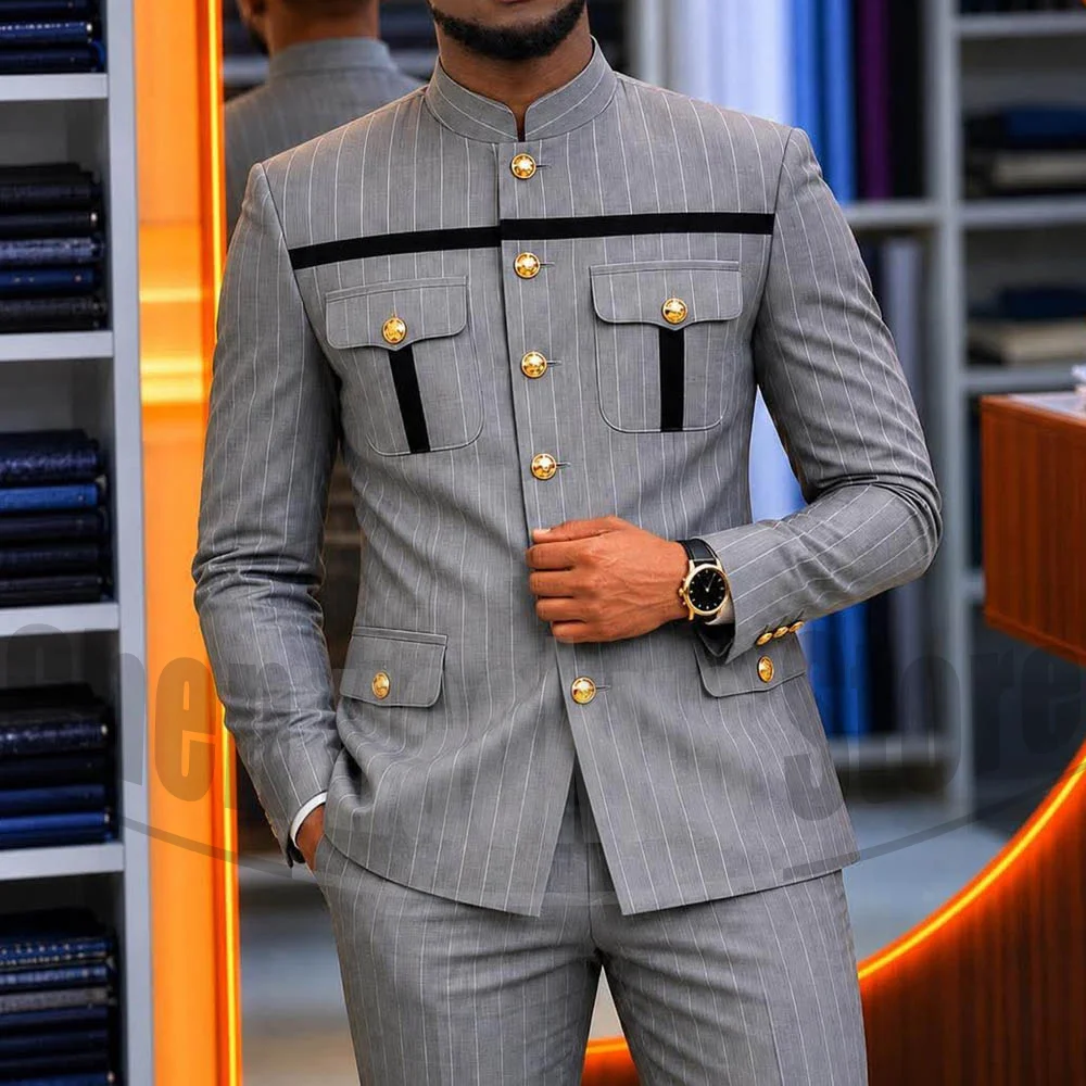 Men Fashion Striped Stand Collar Suit Luxury Gold Buttons Blazer With Contrast Trim Pants 2 Piece Suits For Party Business