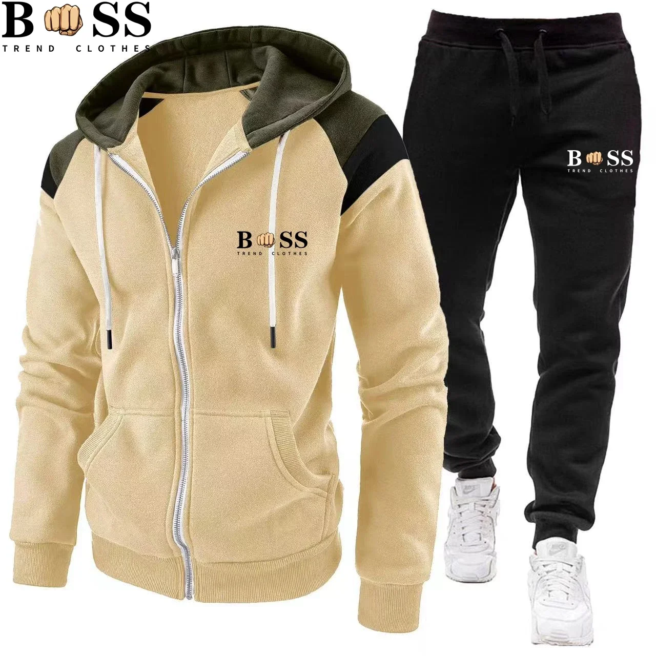 

2024 Men's Tracksuit Casual Jogging Suit Outdoor Set Zipper Hoodies + Black Sweatpant 2pcs Spring Fashion New Streetwear