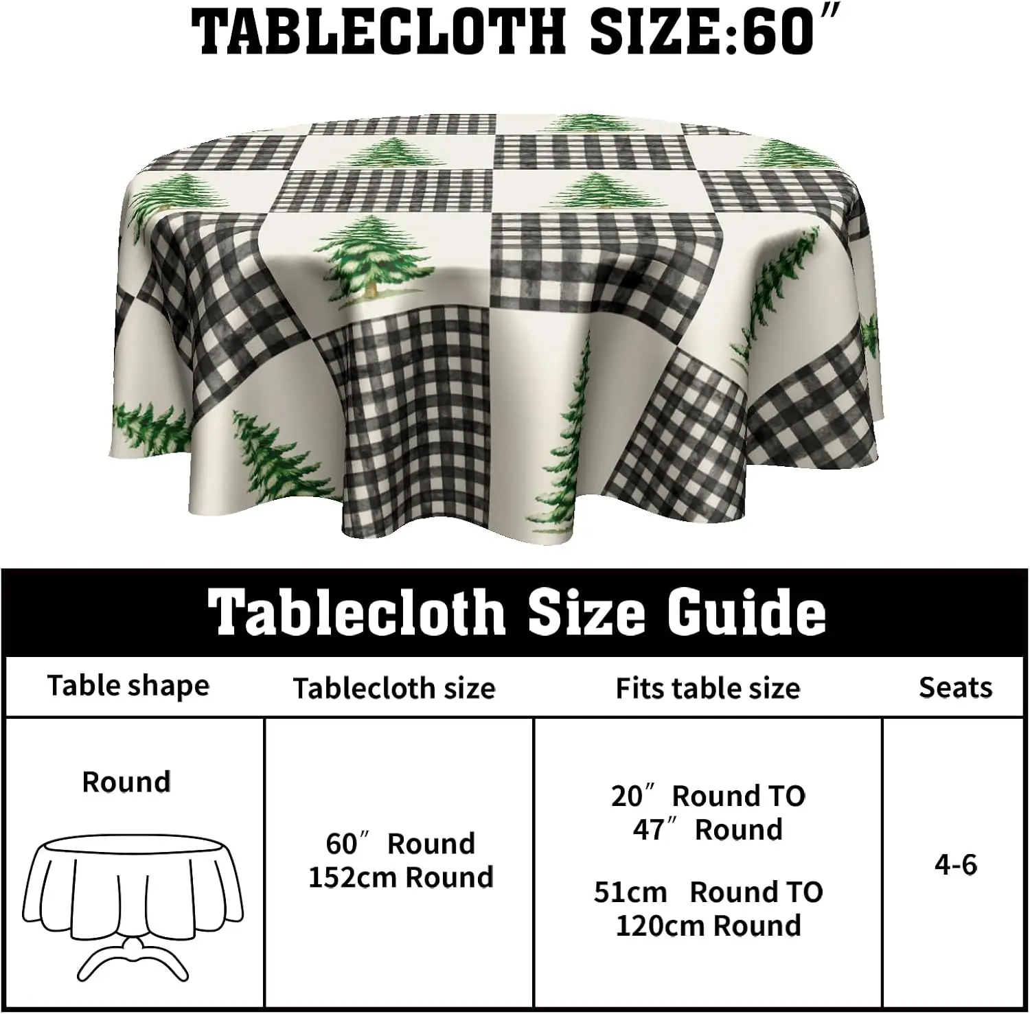 Winter Tablecloth Round 60 Inch - Xmas Buffalo Plaid Table Cloth Forest Gingham Table Cover for Farmhouse Holiday Kitchen Dining