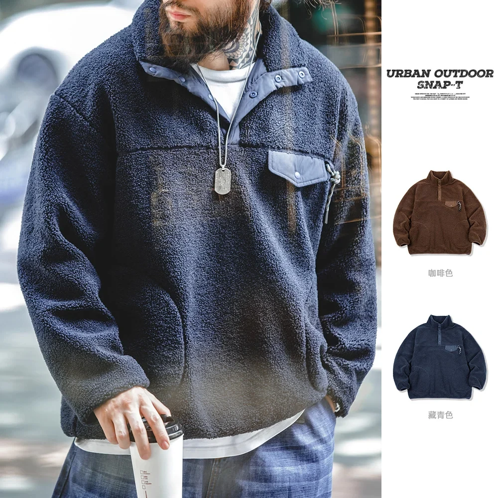 Maden Casual Half-breasted Fleece Hoodies 2023 Winter Navy Blue Warm Pullover Jacket Outdoor Oversize Workwear Thermal Outwear