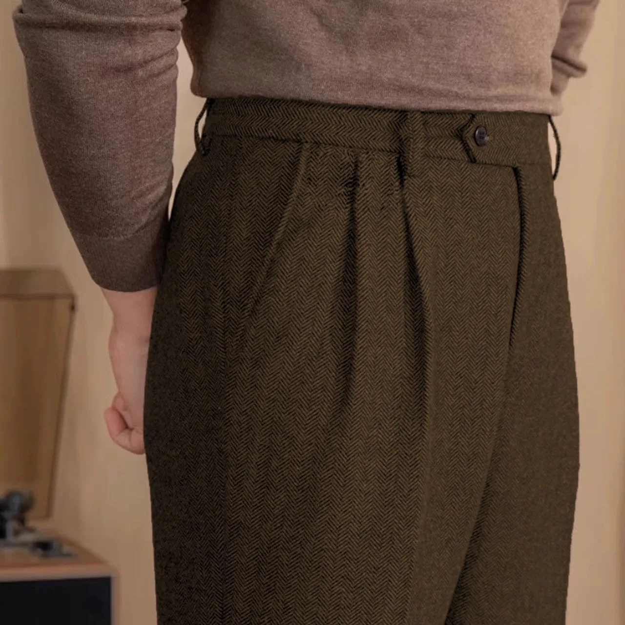 Italian Vintage Suit Pant For Men Autumn Winter Wool Herringbone Pattern Straight Trousers British Style Business Casual Pants