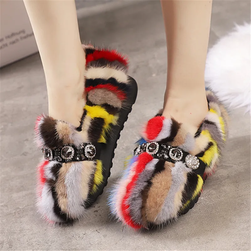 

Colorful Mink Fur Women Loafers Casual Thick Sole Moccasins Crystal Winter Snow Platform Shoes Woman Fur Espadrilles Creepers