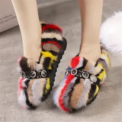 Colorful Mink Fur Women Loafers Casual Thick Sole Moccasins Crystal Winter Snow Platform Shoes Woman Fur Espadrilles Creepers