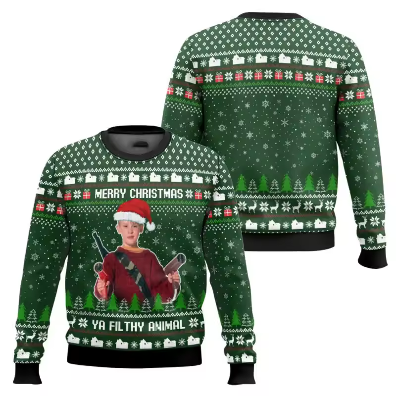 Merry Christmas alone at home Ugly Christmas sweater cartoon animation Men's pullover 2026 fashionable couple shirts Sweatshirt - Image 2