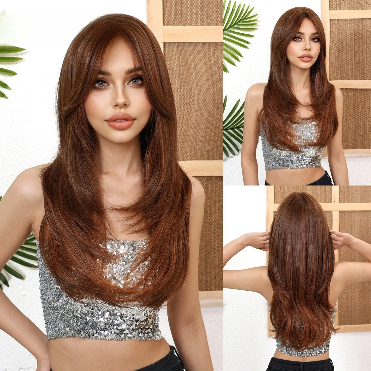 

European and American wig female long hair slightly curled brown figure-eight bangs whole top daily high-level full headgear