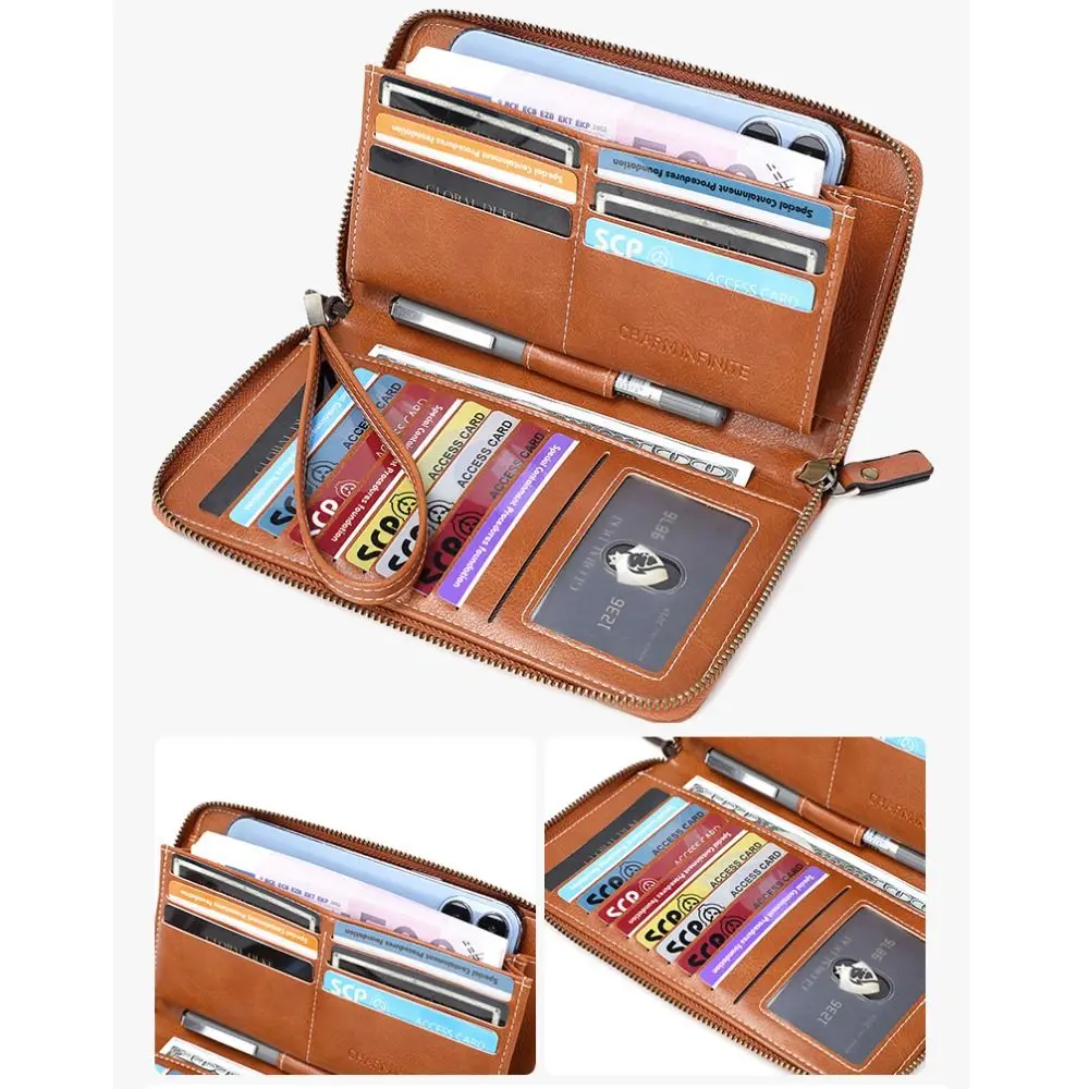 Vintage RFID Blocking Travel Wallet PU Leather Solid Color Multi Slot Card Holder Anti-Theft Zipper Cell Phone Pocket