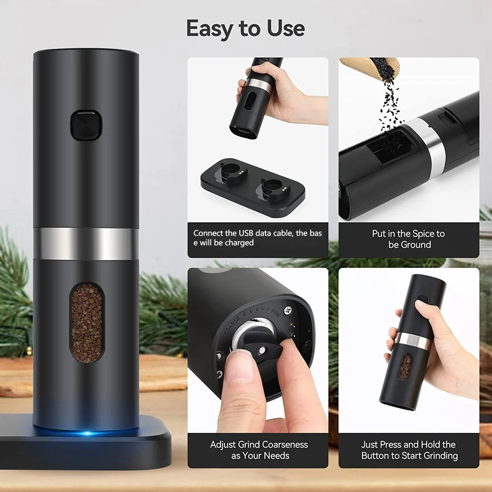 Electric Automatic Salt and Pepper Grinder Set with Rechargeable Base 2 Adjustable Coarseness Portable Grinder