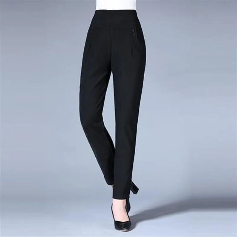 Spring and Autumn Women\'s Elastic Pockets Loose Solid High Waist Elastic Slim Fit Straight Sleeve Casual Fashion Elegant Pants