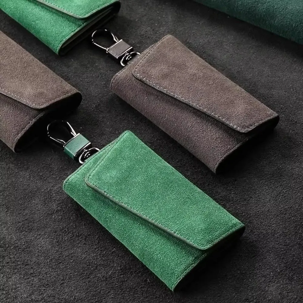 Fashion Mini Car Key Wallet Large Capacity Suede Leather Car Keychain Holder with Metal Hook Keyring Zipper Bag Men Women