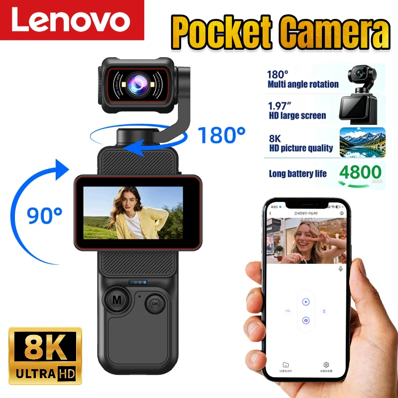 Lenovo Handheld HD Action Camera 8K HD Rotating Lens and Screen Image Stabilization Photo Video Recorder Outdoor Wi-Fi Camcorder
