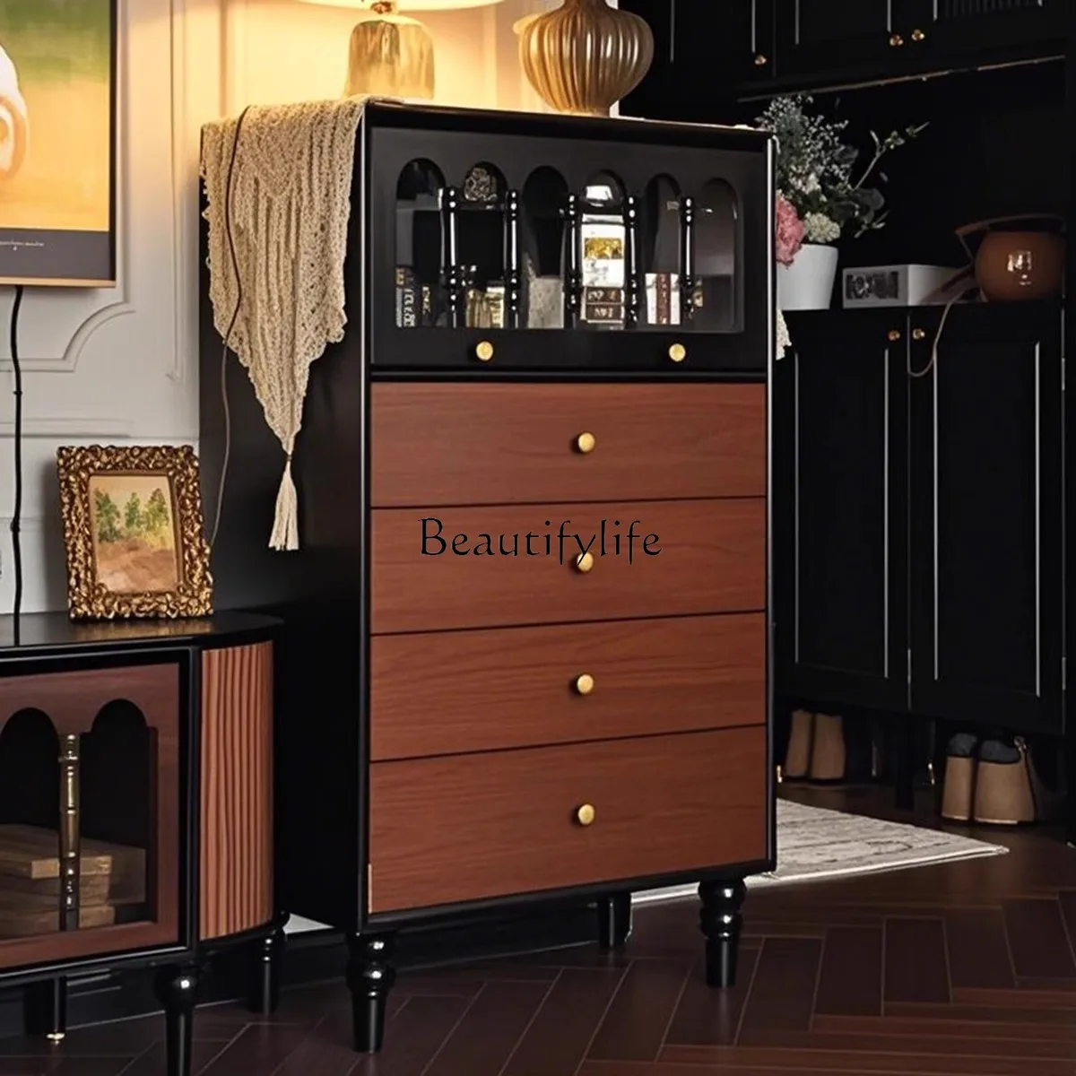

Medieval solid wood chest, bedroom storage, household side cabinet
