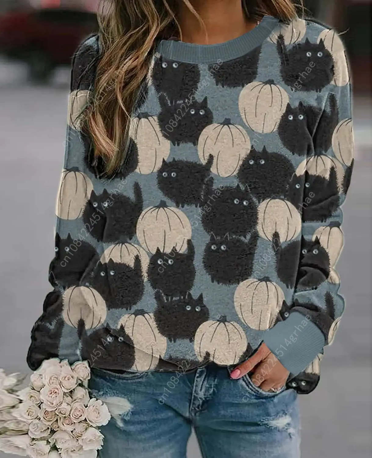 سويت شيرت على شكل يقطين الهالوين بلوفر بياقة دائرية - قمصان علوية كاجوال فضفاضة بأكمام طويلة مطبوعة على شكل حيوان قطة