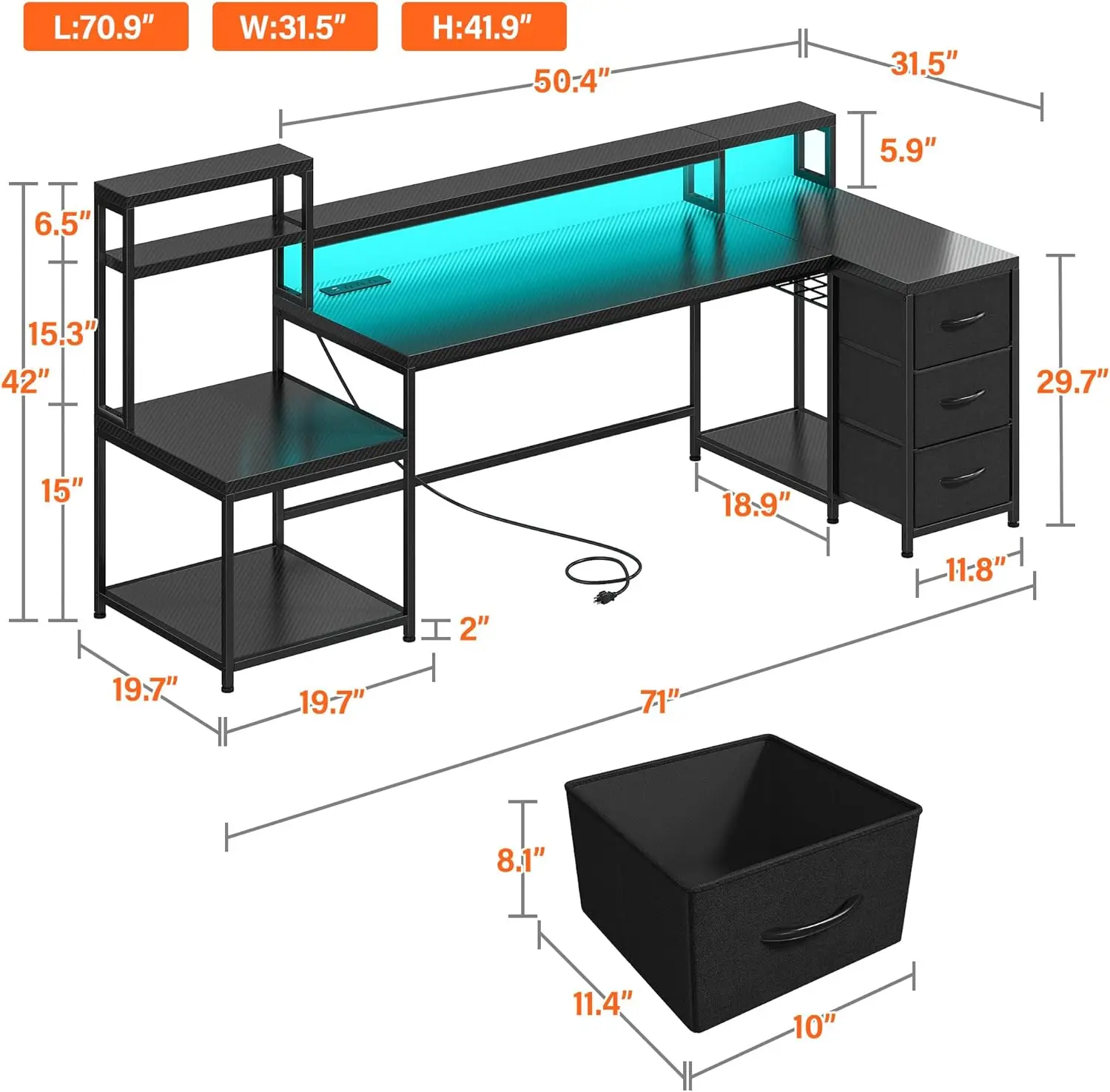 71'W L Shaped Desk, Computer Desk with Power Outlet & LED Lights, Reversible L Shaped Gaming Desk with Storage Shelves, Office