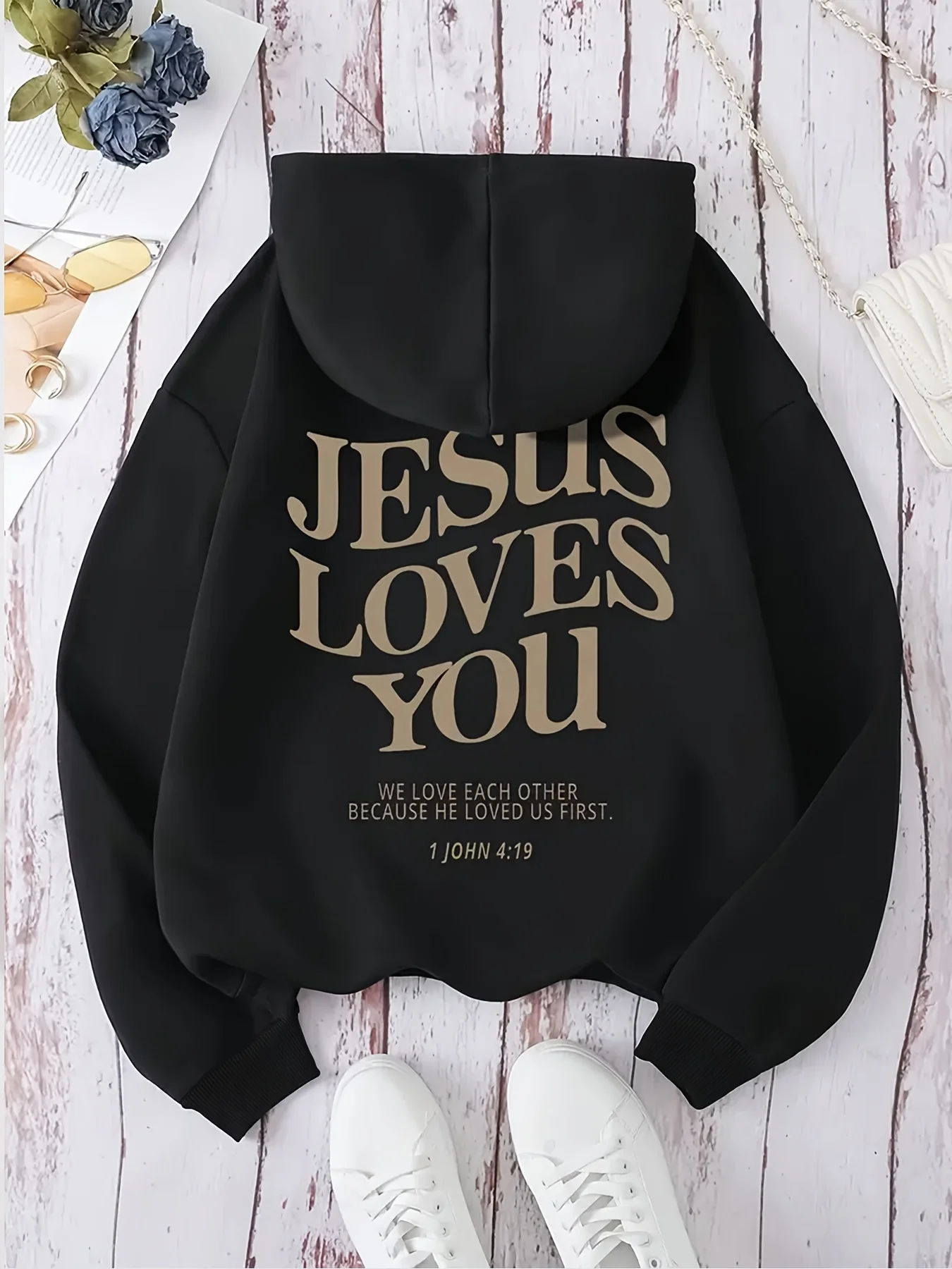 Festive Pink Hoodie with Bold Lettering Jesus Loves You Print Hoodie Casual Street Style Pullover with Fall and Winter Seasons