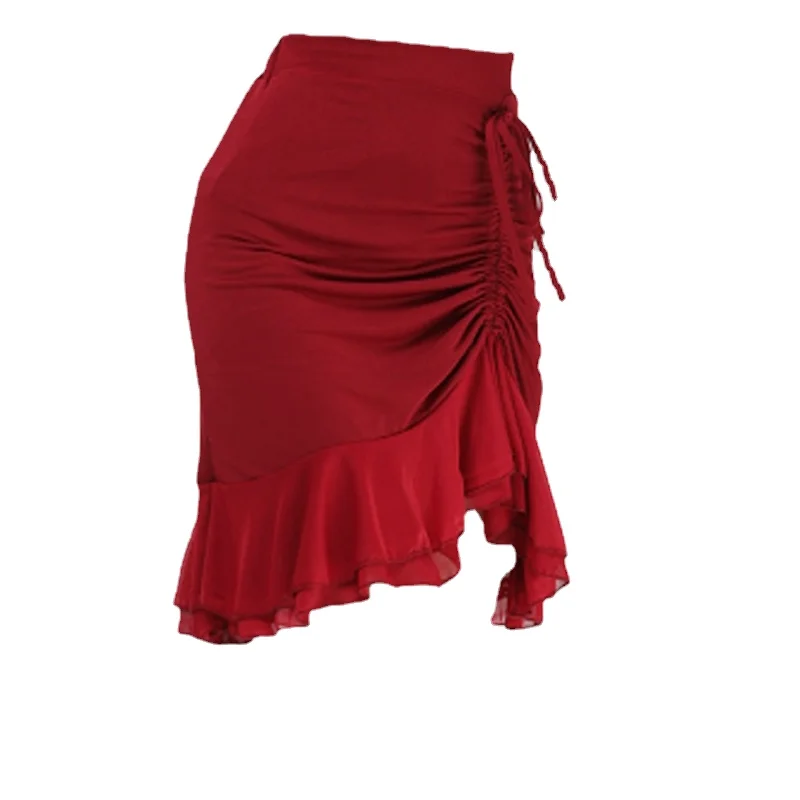 Falda de baile latino rojo para adultos, falda de flecos de cola de milano, vestido de práctica de rendimiento de baile de salón, paquete Sexy, cadera