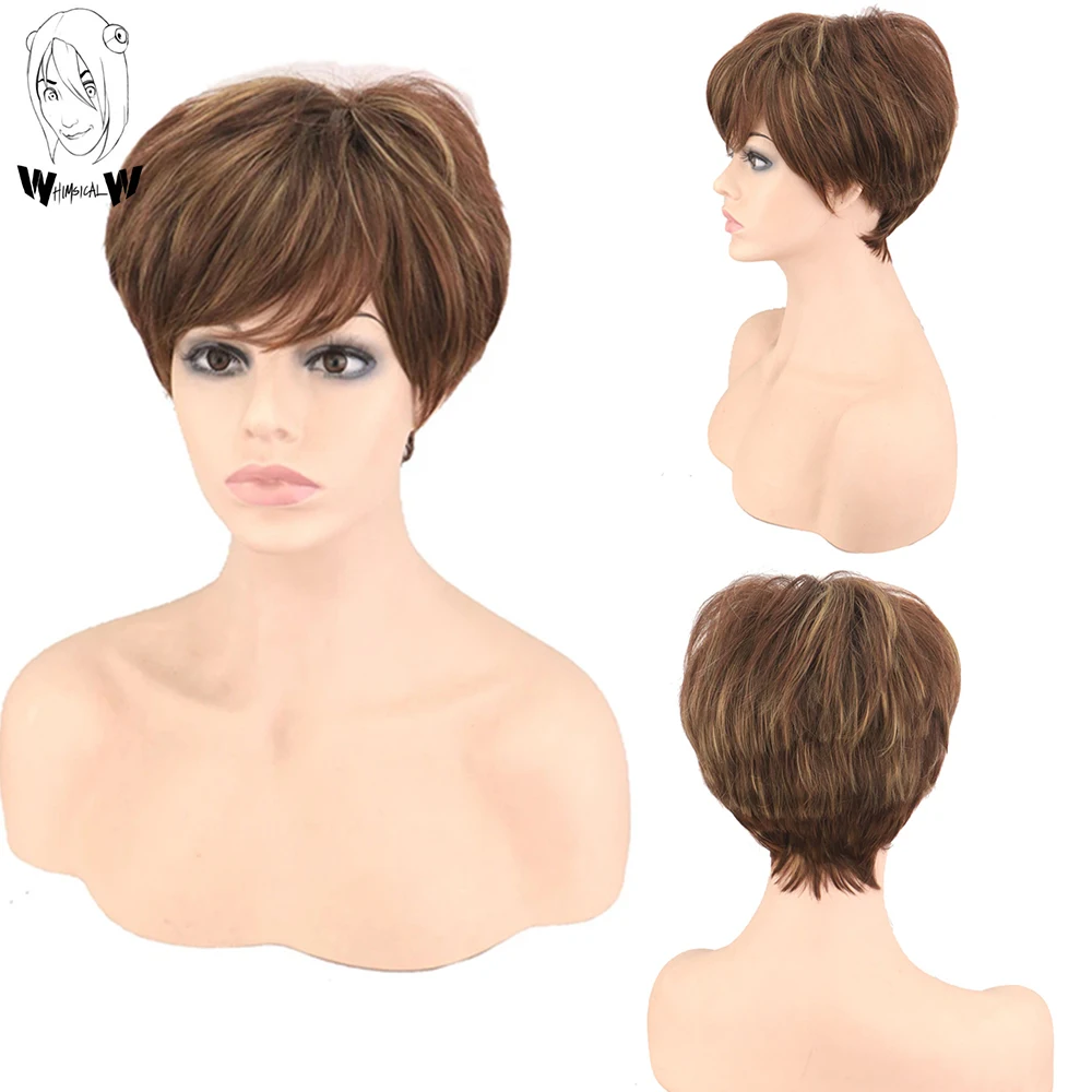 WHIMSICAL W Synthetic Women\'s Straight Natural Short Mix Brown Blonde Wig Wave Wigs for White Women