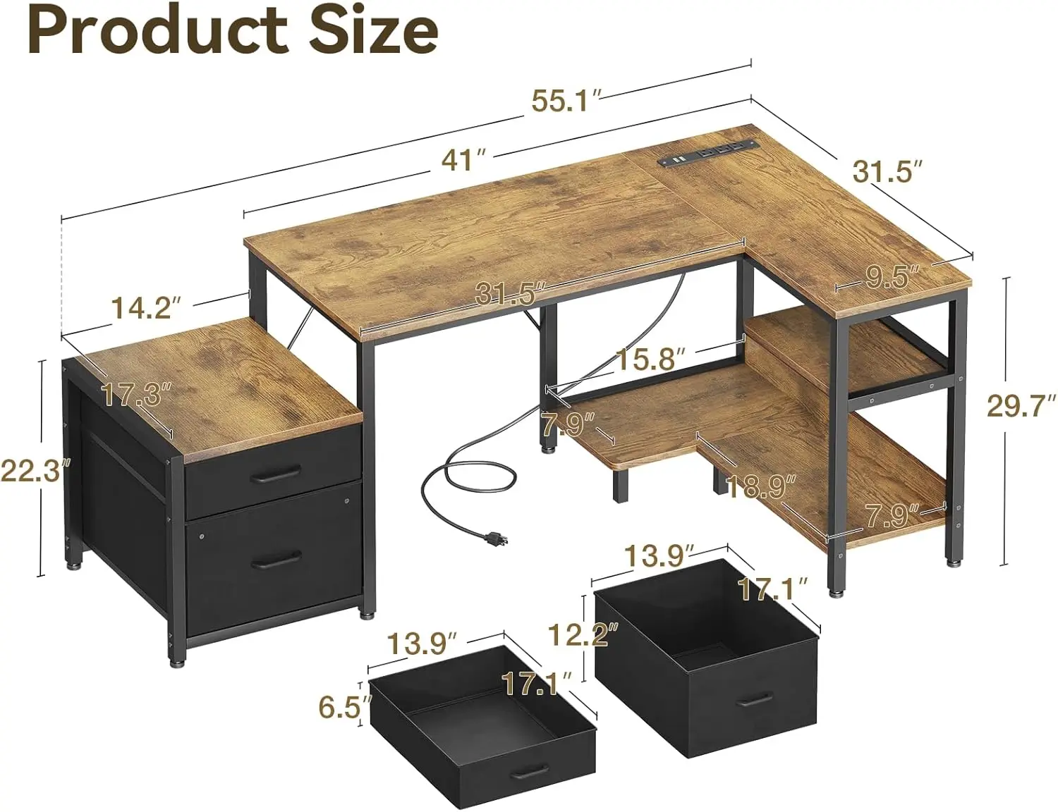 Reversible L-Shaped Desk with Storage, CPU Stand & Power Outlets - Rustic Brown Home Office Corner Desk