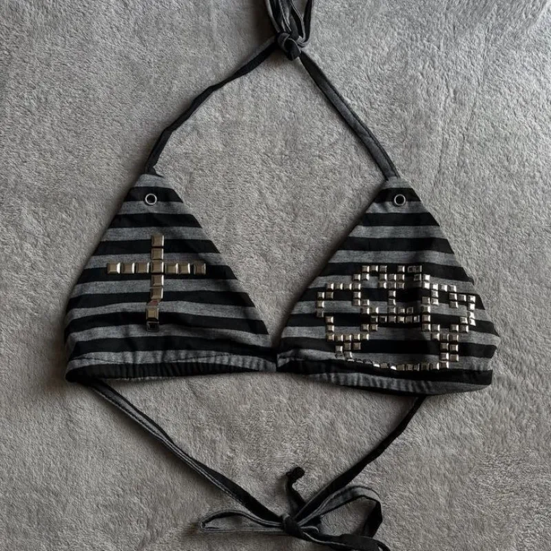 Y3k European American Summer Vintage Striped print sexy Harajuku fashion INS cross Rhinestone hanging neck bikini swimsuit tops