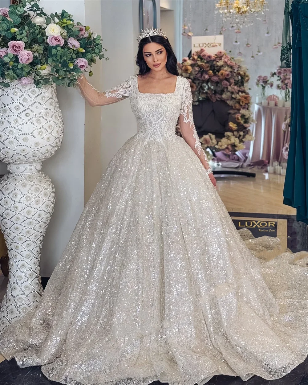 Flavinke Customized Luxury Ball Gowns Wedding Dresses Women Bride Square Collar Lace Up Pleat Robe De Mariée vestidos de novia