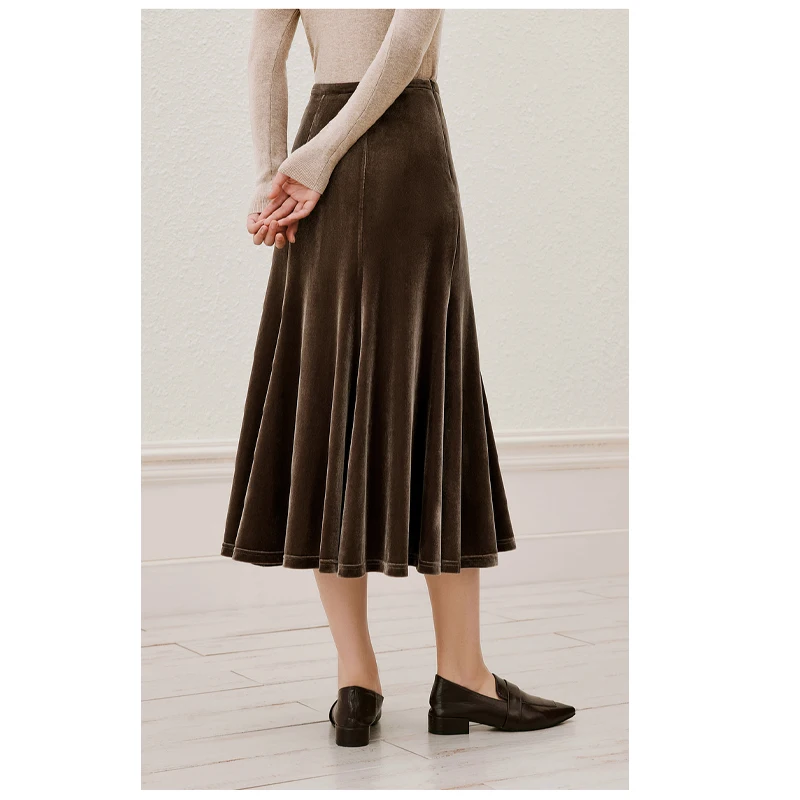 Silk Velvet Ladies Skirt Spring Autumn Brown High Waist Temperament in the Long Skirt Outdoor Casual Fashion Temperament Wear