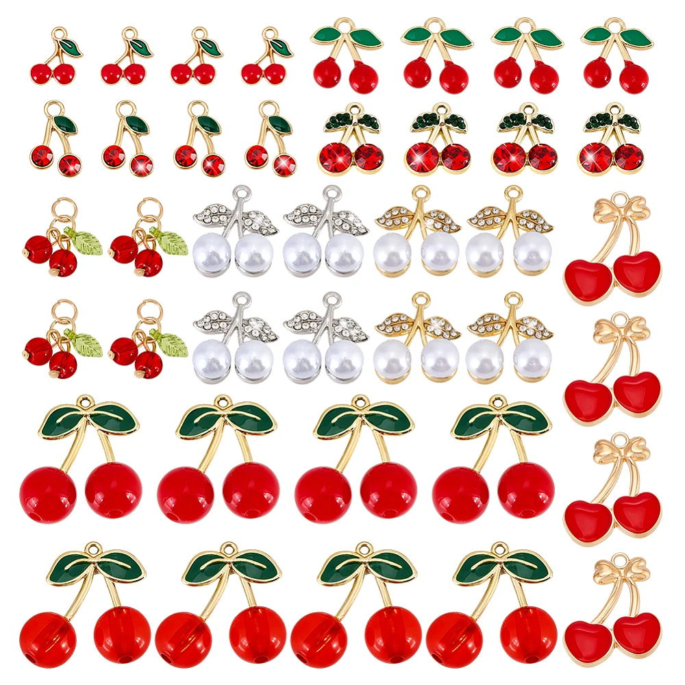 40pcs 10 Styles Red Cherry Charm Alloy Cherries Pendant Enamel Fruit Charms Mini Dangle Charm for Jewelry Making Charms Bracelet