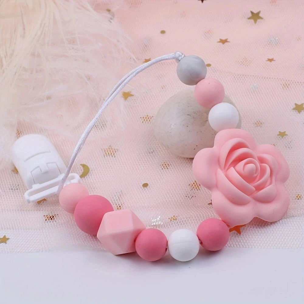 Baby Handmade Pacifier Clips Holder Chain Silicone Rose Pacifier Chains Baby Teether Teething Chain Gift