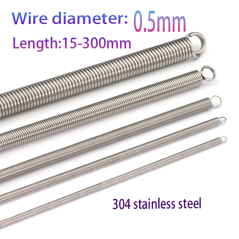 304 Stainless Steel Pull Spring Double Loop Closed Hook and Loop, Wire Dia 0.5mm, Outer Dia 3/4/5/6mm, Length 15-300mm.