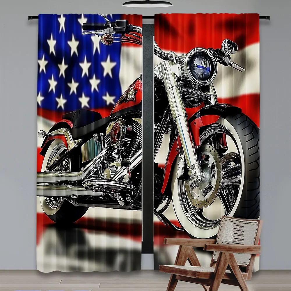 2Pcs Racing Motorcycle Curtain American Flag Motorbike Extreme Sports Motocross Rider For Bedroom Living Room Dining Room And