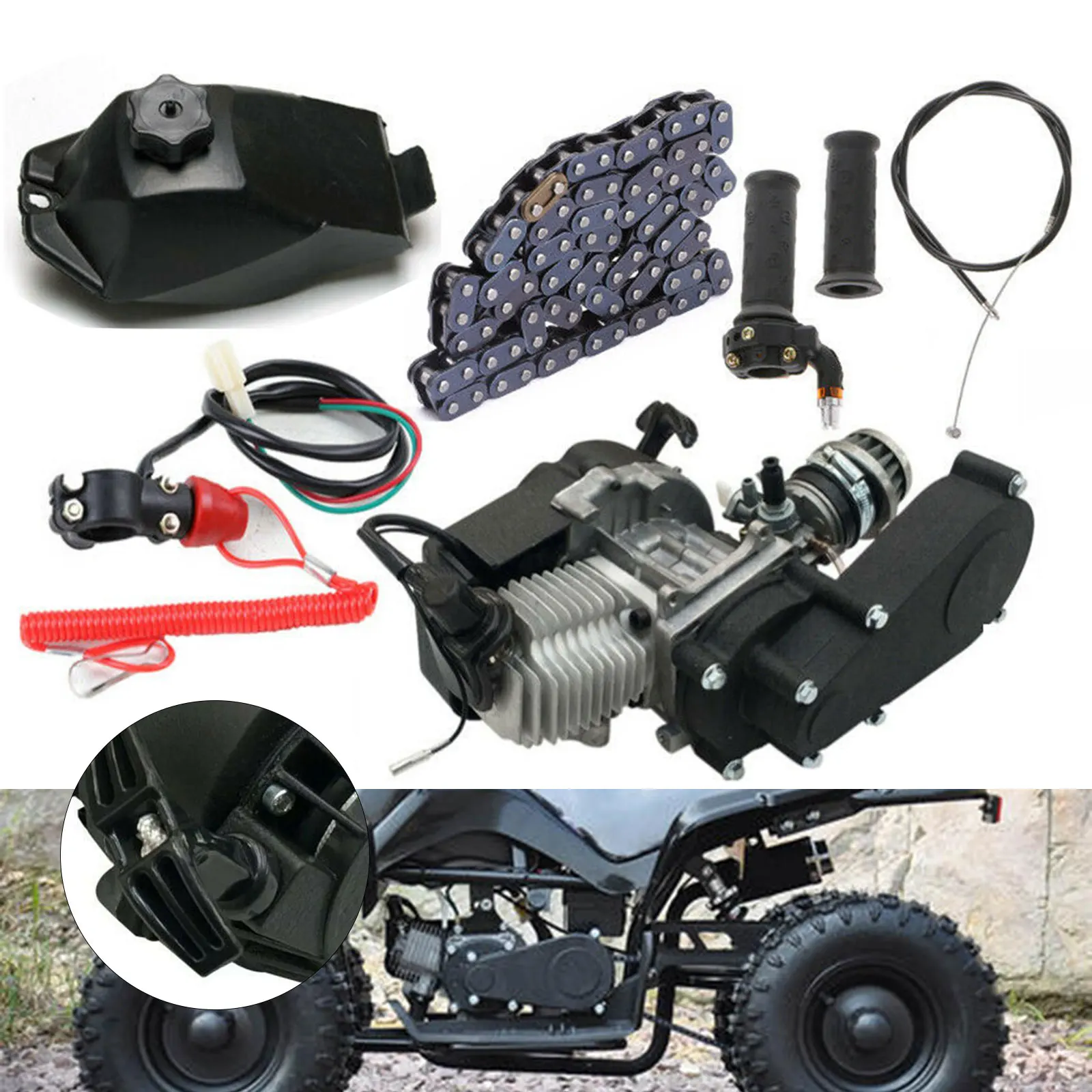 Zwart Twostroke 47cc 49cc Pull Start Motor Versnellingsbak Ketting Kit Voor Mini Pit Bike Atv Quad Scooter