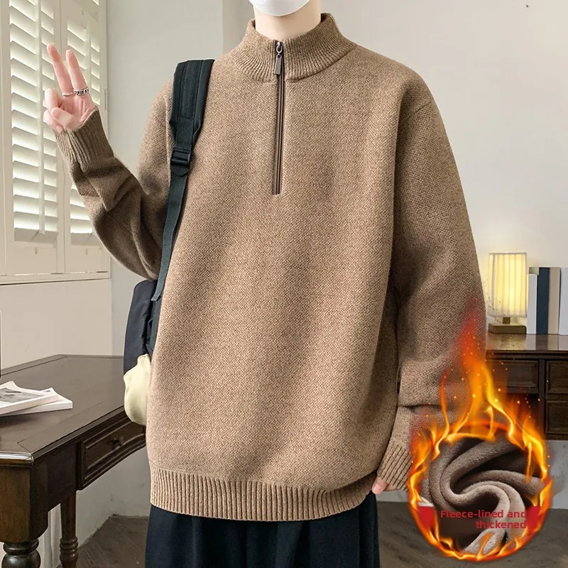 

Утепленный вязаный свитер на молнии с воротником-стойкой свободного кроя для подростков и молодых мужчин: повседневная зимняя уличная мода